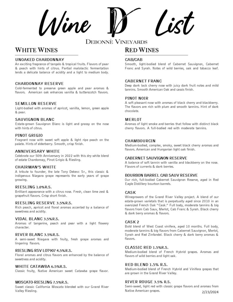 Wine List - Debonné Vineyards