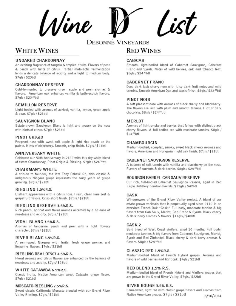 Wine List - Debonné Vineyards